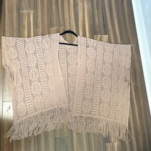 Open Front Cargidan Shawl Beige OS Beige Tan Fringe Eyelet Fringe Tassles Knit